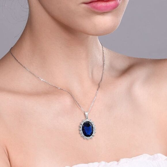 .925 Sterling Silver and Blue Sapphire & Cubic Zirconia Pendant Chain Necklace - Picture 2 of 5
